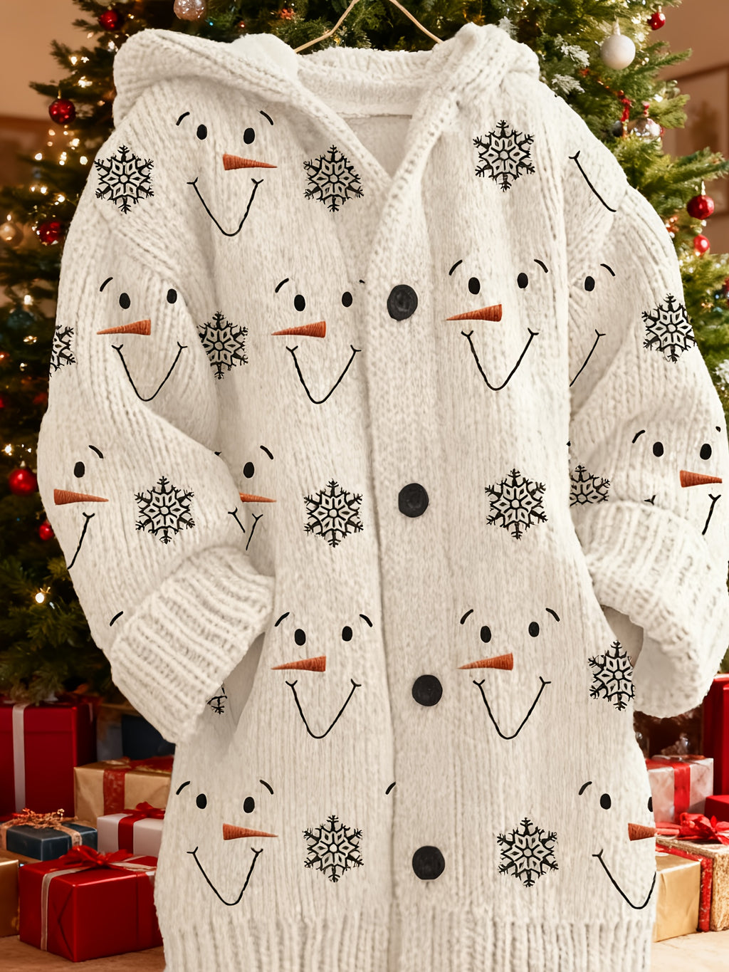 Women's Oversized Christmas Snowman Cardigan Sweater Coat - Cozy Winter Hooded Sweater with Snowflake & Snowman Print, Button Front Closure, Soft Warm Fabric for Holiday Parties & Casual Outfits ( with Snowmen) - Festive Winter Outerwear