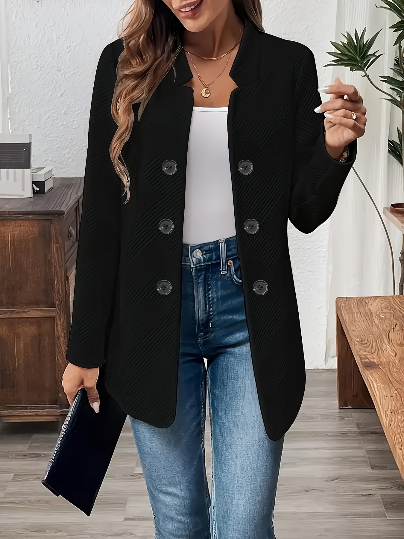 Versatile All-Season Outerwear - Women's Elegant Solid Color Cardigan Jacket - Front Button Decorative - Long Sleeve Open Front with Pockets - Machine Washable - Casual Layering Piece - Sophisticated Texture - Durable Fabric