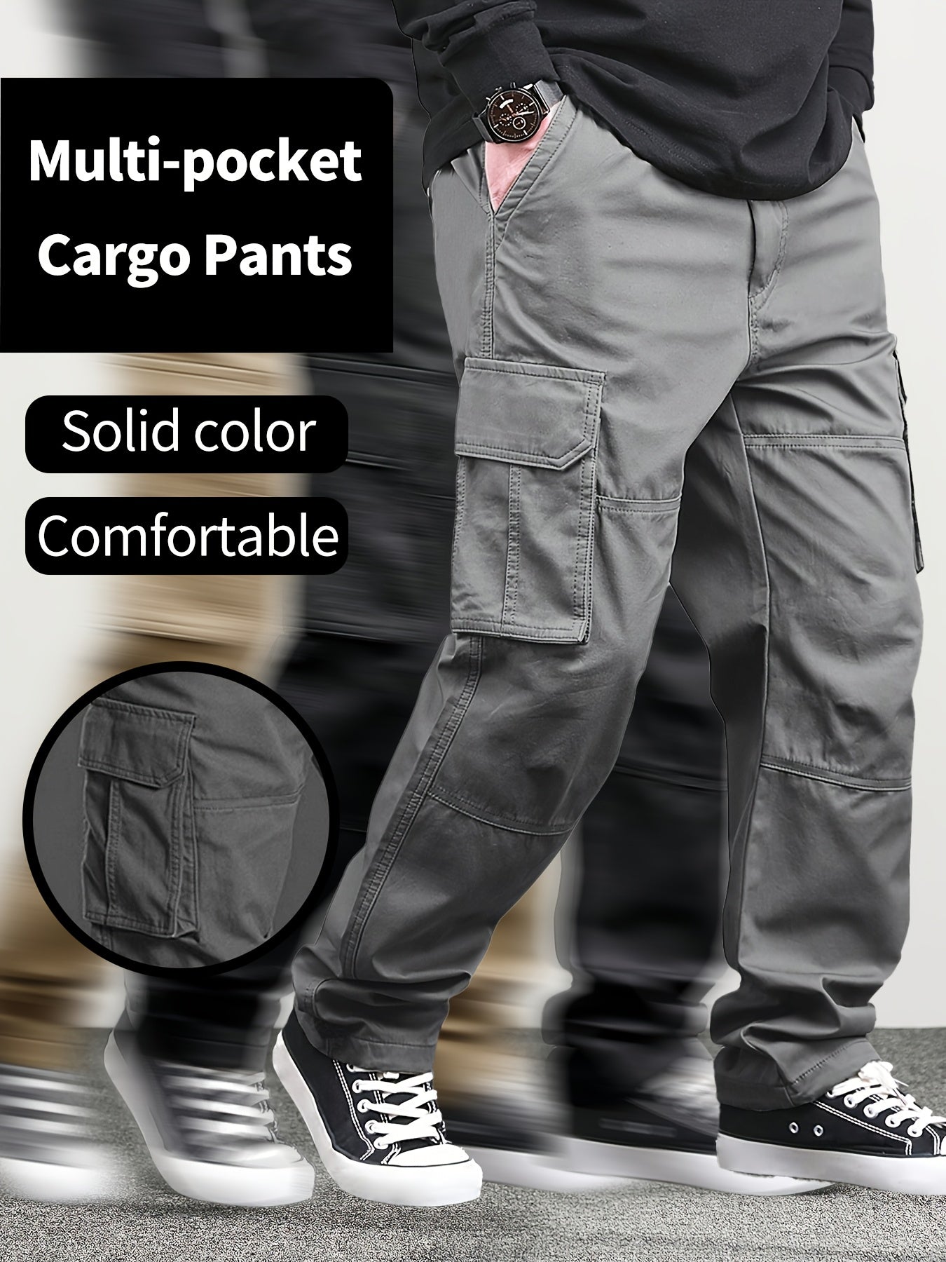 Men'S Solid Color Multi-Pocket Cargo Pants for All Seasons, Breathable And Comfortable Straight-Leg Trousers, Versatile Casual Bottoms for Men, Featuring Drawstrings And Side Pockets, Suitable for Everyday Wear And Outings
