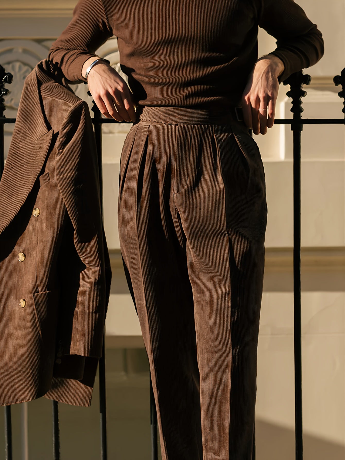 Men's Elegant Solid Brown Winter Tuxedo Pants - High-Waisted Wrinkle-Resistant Fleece Blazer Pants with Button Closure, Machine Washable Formal & Business Casual Trousers for Fall/Winter, Light Business Style, Structured Fit, Suitable for Office & Formal