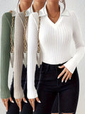3pcs Set Women's Elegant Solid Color Ribbed Collar Casual T-Shirts for Spring and Autumn