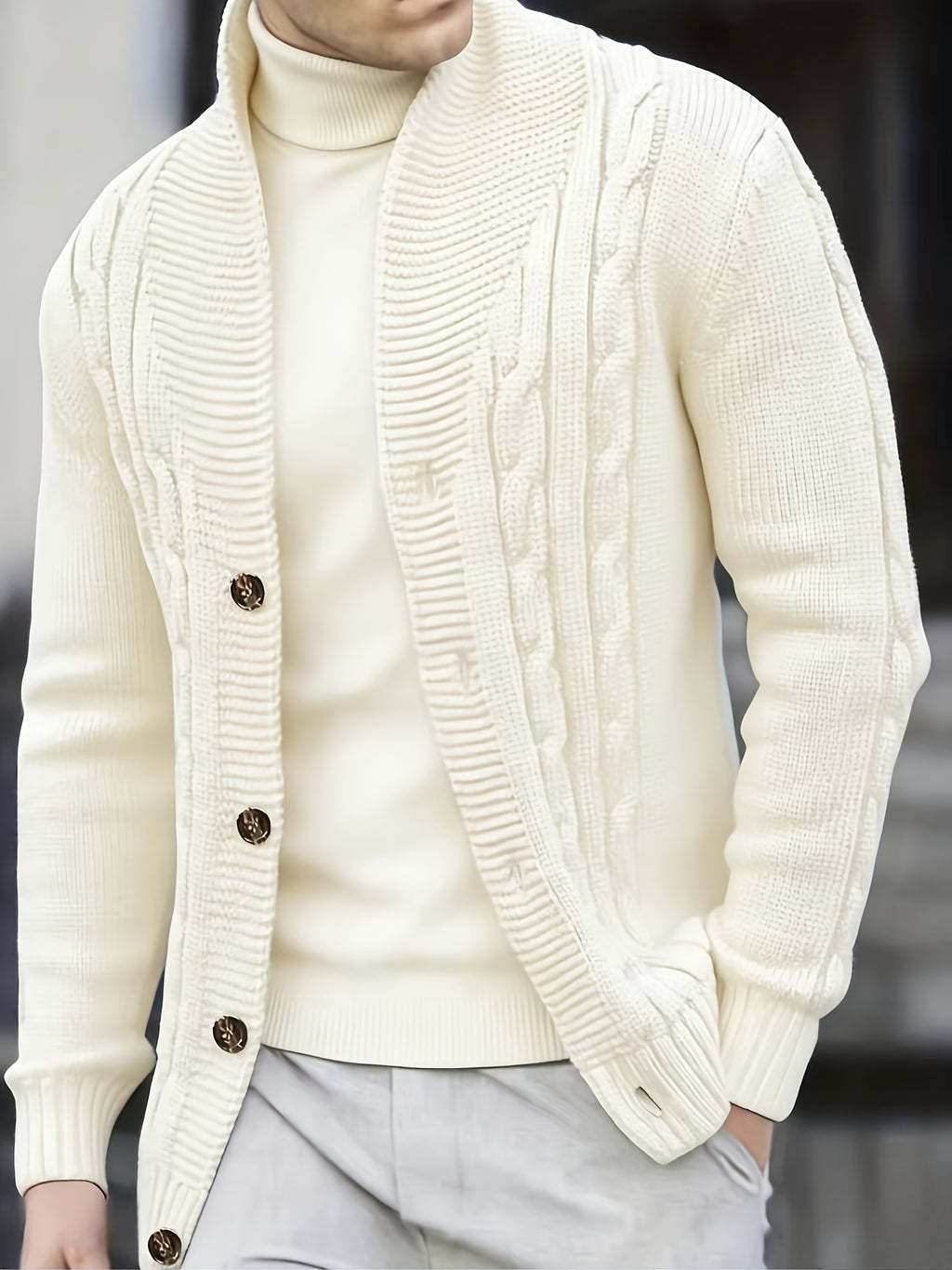 Black Solid Color - Long Sleeve Pullover with Large Lapel - Iron Genghis OBM Men's Cable Knit Sweater - Ribbed Detailing & High Elasticity - Regular Fit Casual Winter Sweater for Autumn & Cold Weather - Knitted Sweater - Seasonal Wardrobe - Classic Knitwe