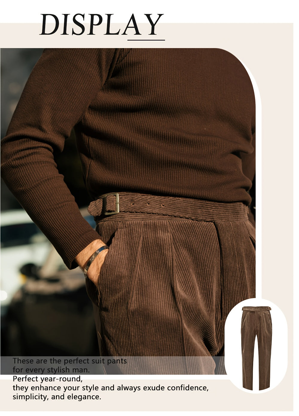 Men's Elegant Solid Brown Winter Tuxedo Pants - High-Waisted Wrinkle-Resistant Fleece Blazer Pants with Button Closure, Machine Washable Formal & Business Casual Trousers for Fall/Winter, Light Business Style, Structured Fit, Suitable for Office & Formal