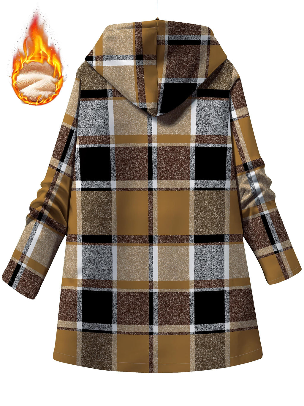 Women'S Cozy Fleece-Lined Hooded Jacket - Plaid Pattern, Long Sleeve, Button-Up Front, Flared Hem, Casual Winter Outerwear for Fall & Winter, Brown & Plaid, Winter Jacket, Fall Fashion, Elegant Style