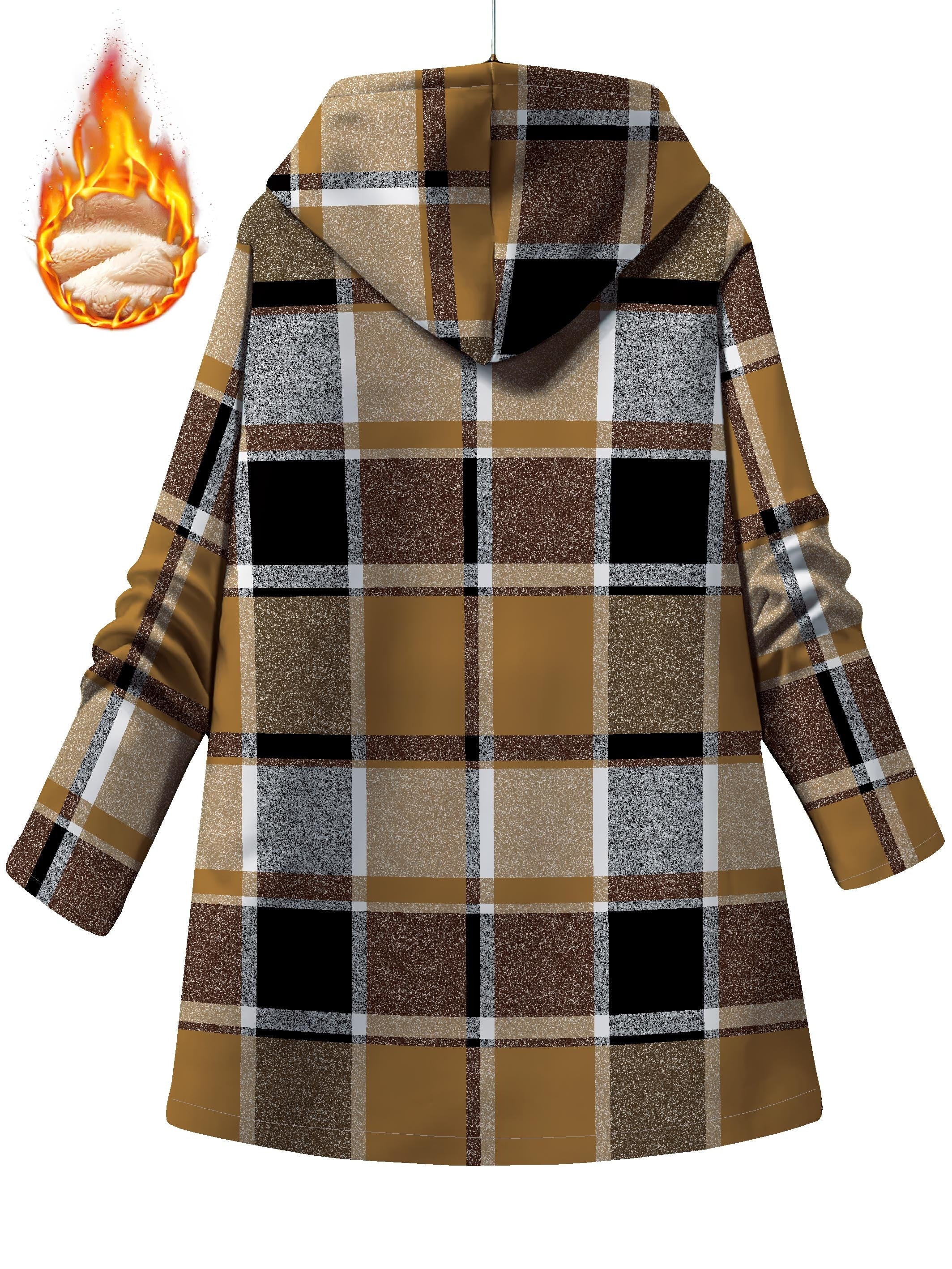 Women'S Cozy Fleece-Lined Hooded Jacket - Plaid Pattern, Long Sleeve, Button-Up Front, Flared Hem, Casual Winter Outerwear for Fall & Winter, Brown & Plaid, Winter Jacket, Fall Fashion, Elegant Style