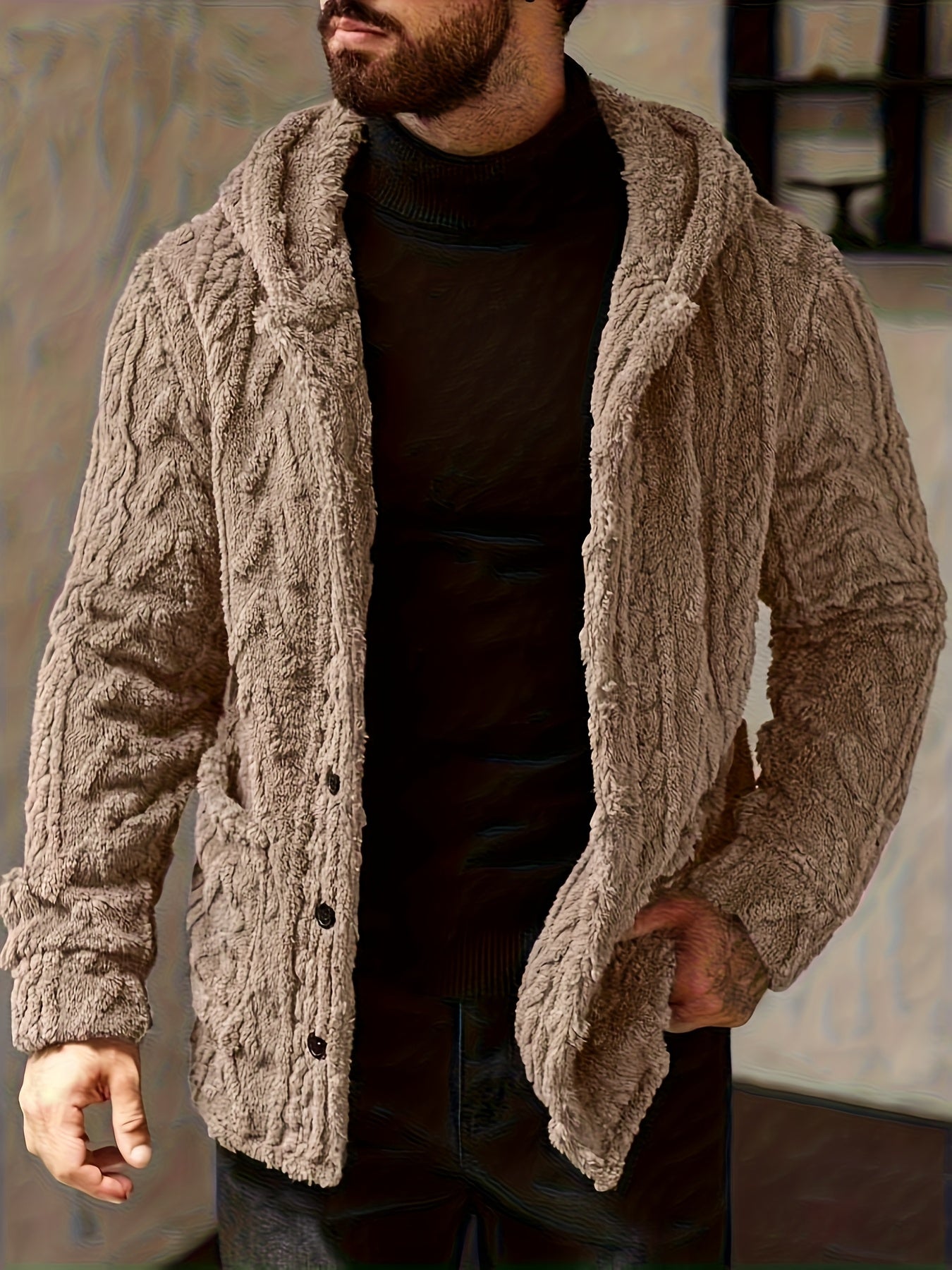 Men'S Casual Solid Color Hooded Fleece Jacket | Suitable for Autumn/Winter, Teddy Velvet, Regular Fit, Button Closure, Single Breasted, No Lining