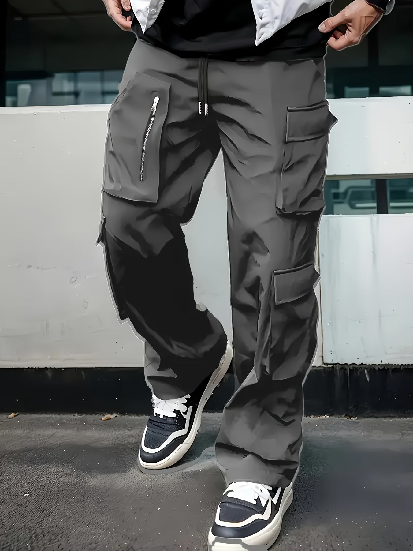 Men'S Fashion Cargo Pants, Polyester 100%, Solid Color, Loose Fit, Straight Leg, Drawstring, Multi-Pocket, Casual Slim Fit, Woven Fabric, 138g/m² - Sports Style