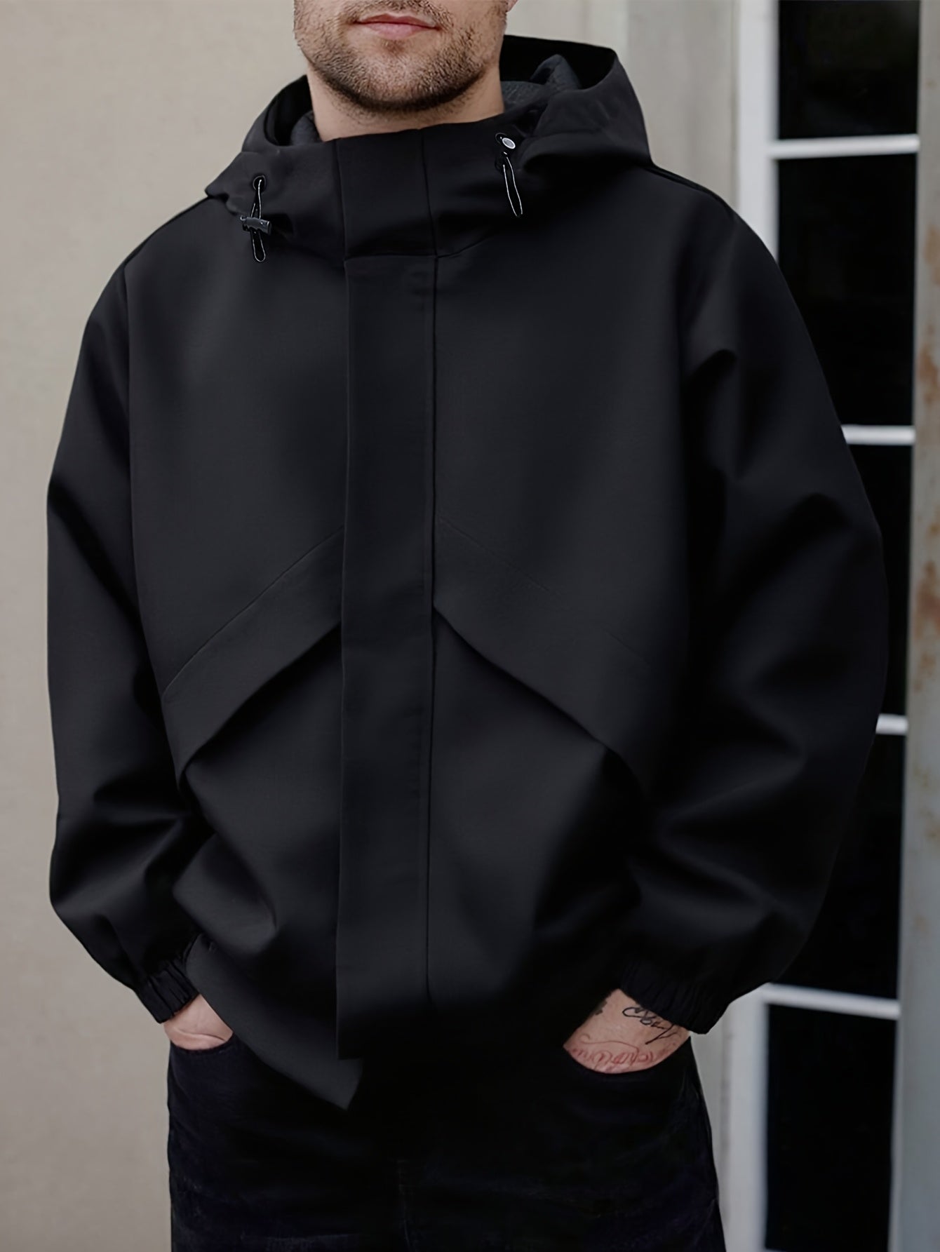 Men'S Lightweight Hooded Jacket - Full-Zip Outdoor Coat with Adjustable Hood, Zippered Pockets - Windproof Casual Workwear for Hiking, Urban Commute - Black (Spring/Fall Transitional Layering), Hiking Gear, Durable Polyester Lining