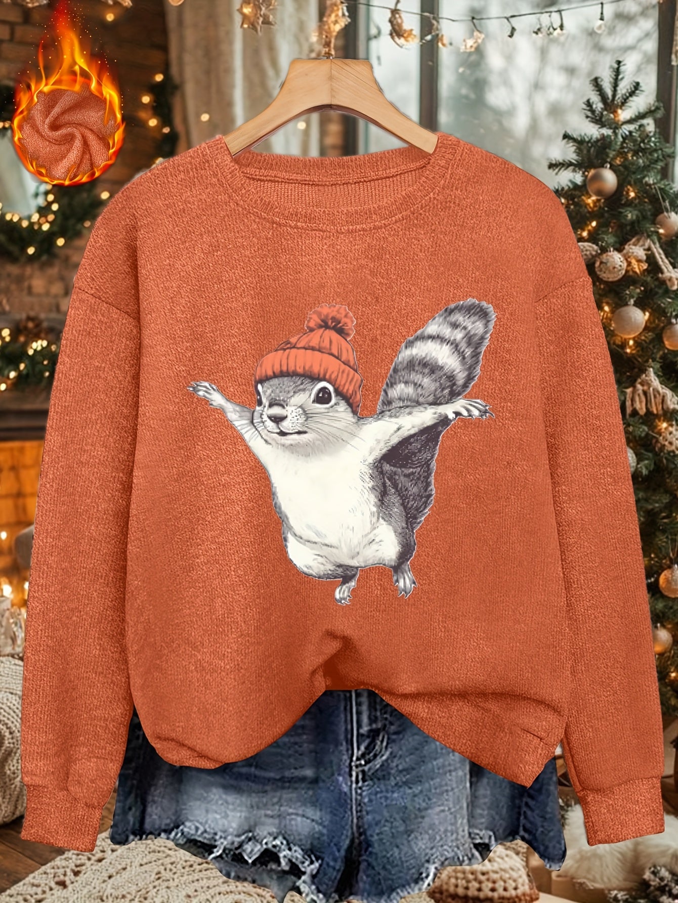 2025 Winter New Women's Warm Fabric Sweatshirt with Cute Cartoon Squirrel Print, Loose Fit Round Neck Fashion Casual Base Layer Versatile Pullover Shirt, Elegant Commuter Style for Autumn and Winter, Christmas Clothing, Christmas Gift, Gift for Mom