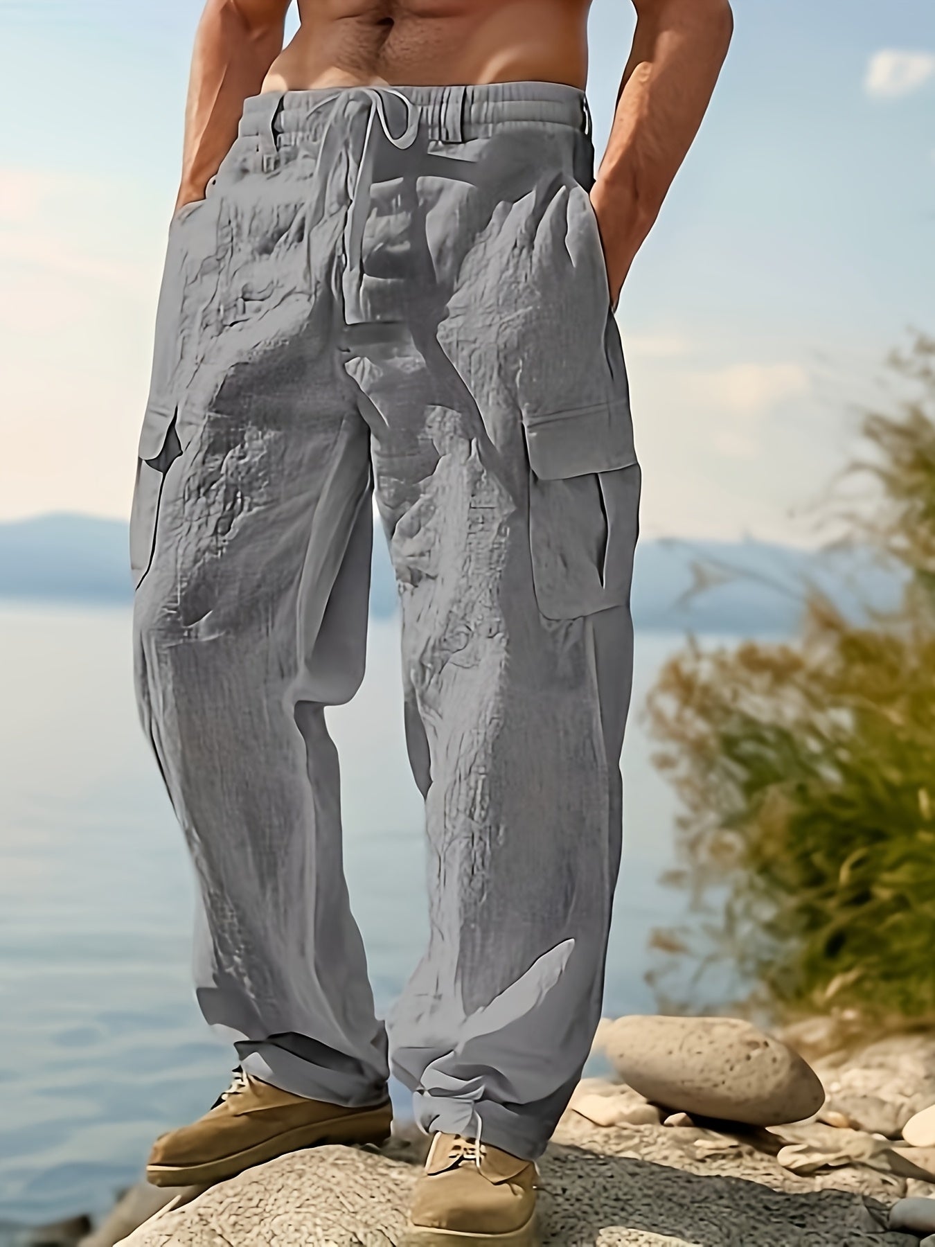 Men'S Casual Linen Cargo Pants with Multiple Pockets - Loose Fit, Drawstring Waist, Perfect for Beach, Vacation & Casual Outings, Allseason Trousers, Vacation Pants, Textured Fabric