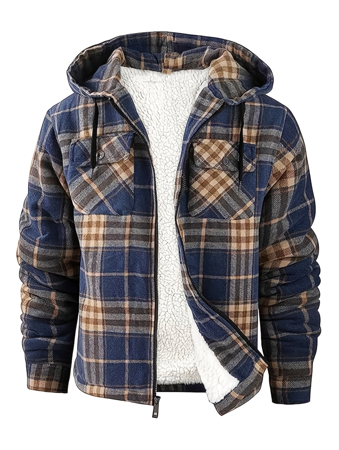 Men's Full-Zip Hooded Winter Sports Plaid Shirt with Fleece Sherpa Lining Warm Hooded Jacket