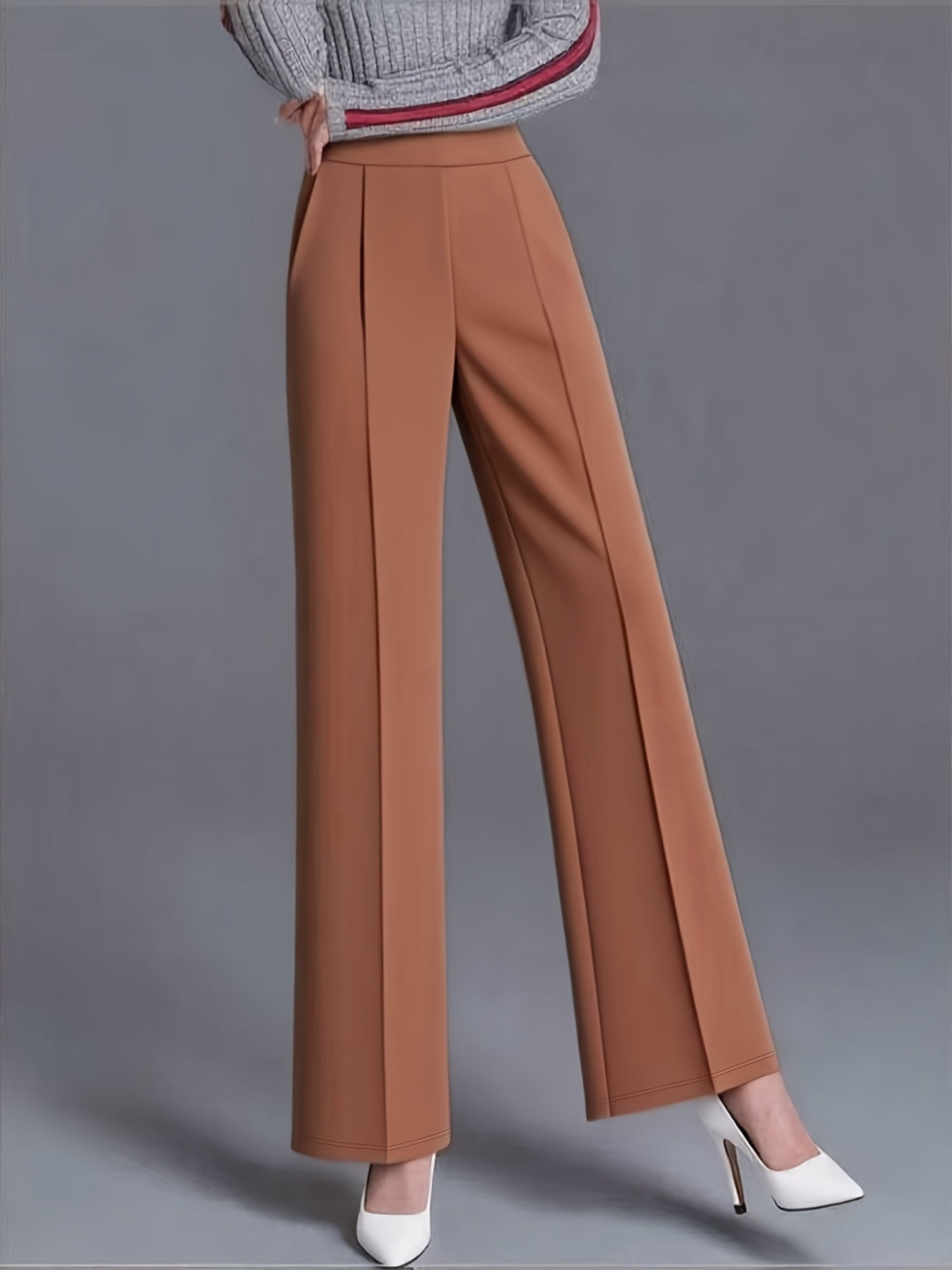 Plus Size - Plus-Size Women'S Elegant High-Waisted Wide-Leg Pants in Solid Pink/Navy Blue, Featuring a Tailored Straight Cut, Diagonal Pockets, Suitable for All Seasons, Office Casual Wear, Machine Washable, Designed Specifically for Curvy Figures.