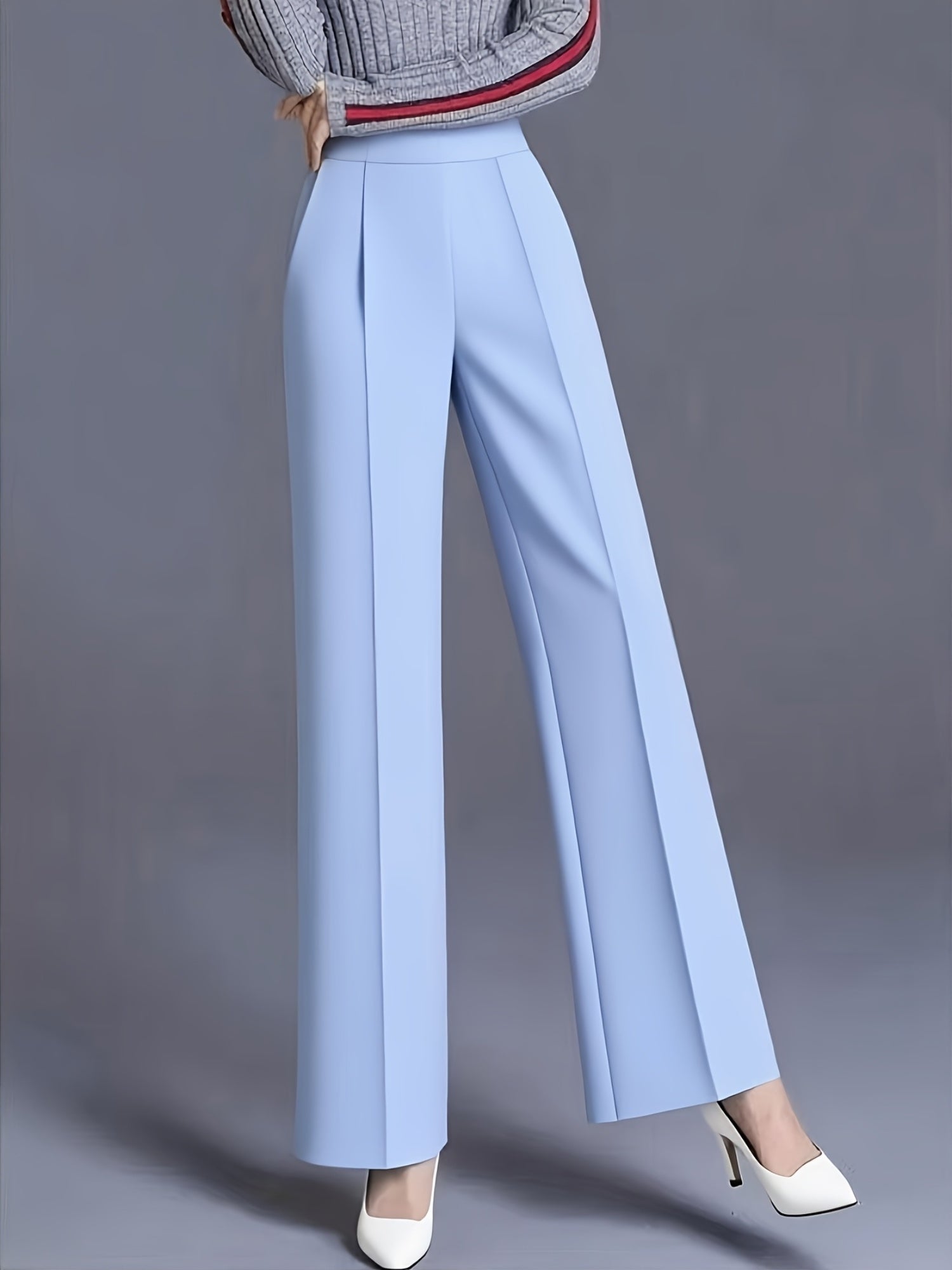 Plus Size - Plus-Size Women'S Elegant High-Waisted Wide-Leg Pants in Solid Pink/Navy Blue, Featuring a Tailored Straight Cut, Diagonal Pockets, Suitable for All Seasons, Office Casual Wear, Machine Washable, Designed Specifically for Curvy Figures.