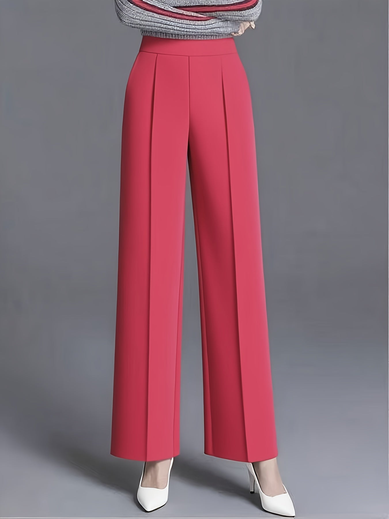 Plus Size - Plus-Size Women'S Elegant High-Waisted Wide-Leg Pants in Solid Pink/Navy Blue, Featuring a Tailored Straight Cut, Diagonal Pockets, Suitable for All Seasons, Office Casual Wear, Machine Washable, Designed Specifically for Curvy Figures.