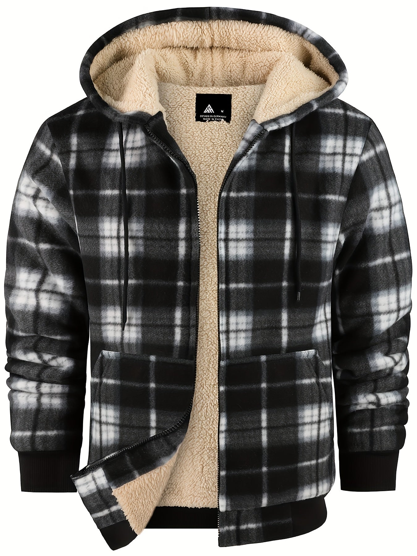 Men's Thickened Fleece Hooded Jacket with Thickened Lamb Fleece Lined Flannel Checked Shirt Jacket