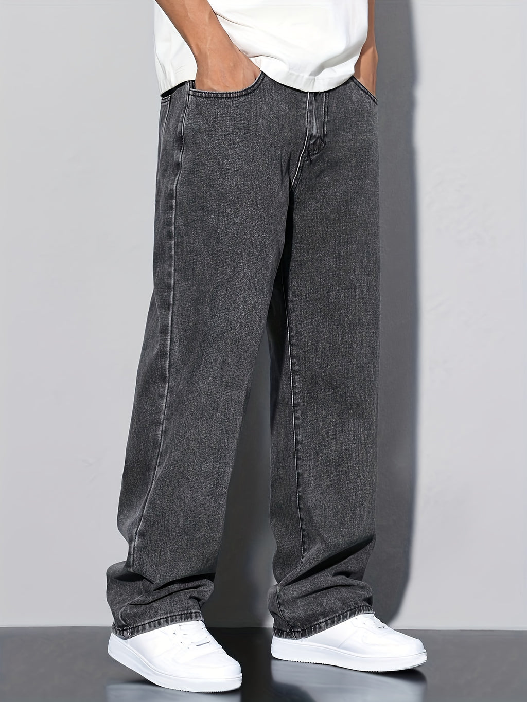 Men'S Loose Straight Leg Faux Denim, Grey Baggy Washed Faux Denim, Non-Stretch Rayon, Mid Waist, Flake Details, Zipper Fly, Street Style, All-Season Comfort, Ideal for Weekend Casual Wear, Everyday Relaxed Fit