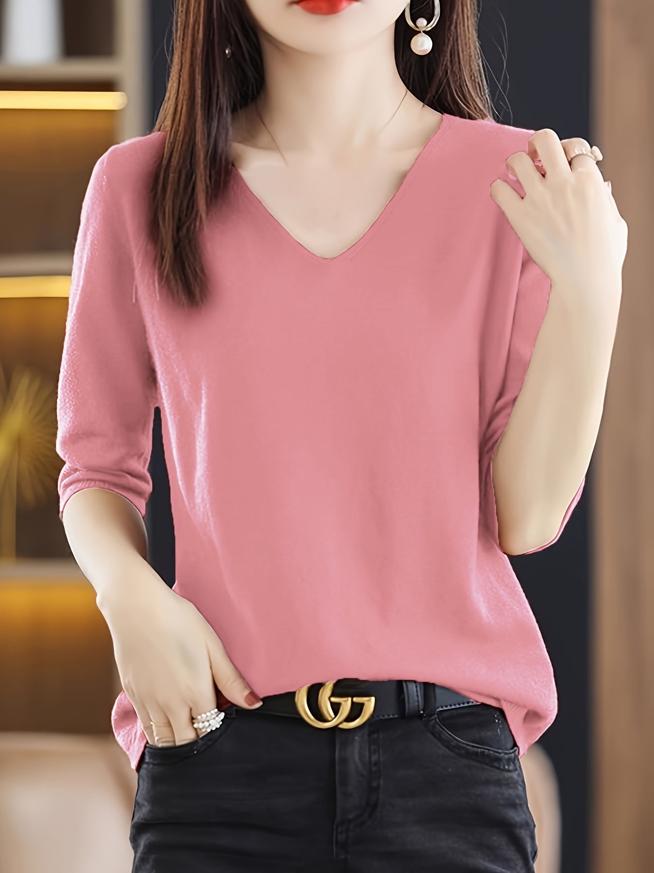 top v-neck, ice silk, simple, versatile