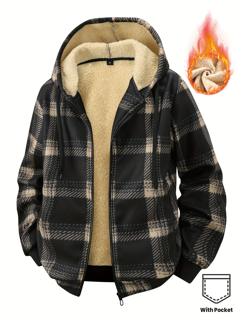 Men'S Heavyweight Winter Jacket - Thermal Insulated Zip-Up Coat with Full-Zip Closure, Hooded Outerwear for Cold Weather, Front Pockets - Brown, Casual Outerwear, Plaid Pattern, Warm Insulation, Outdoor Enthusiasts