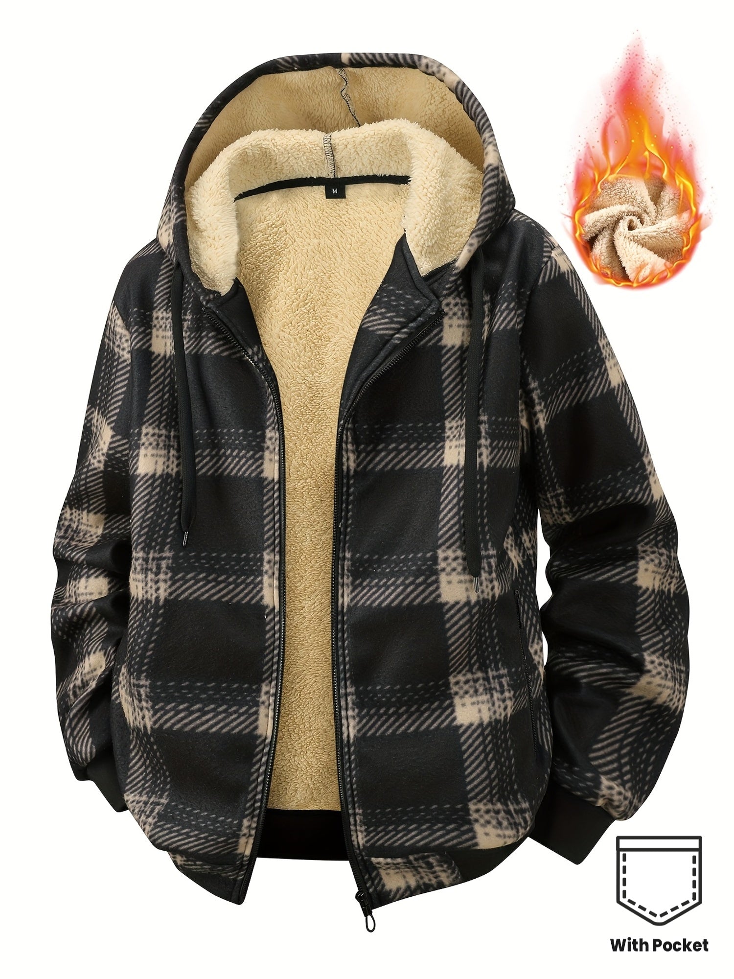 Men'S Heavyweight Winter Jacket - Thermal Insulated Zip-Up Coat with Full-Zip Closure, Hooded Outerwear for Cold Weather, Front Pockets - Brown, Casual Outerwear, Plaid Pattern, Warm Insulation, Outdoor Enthusiasts