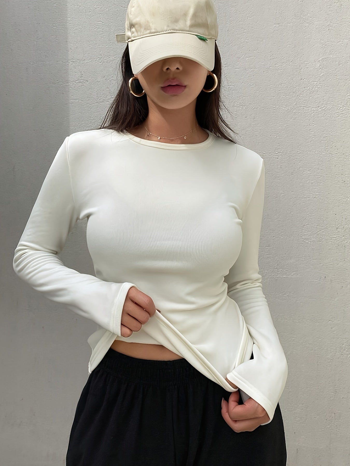 [Fleece-Lined Thermal] Women'S Cozy Fleece-Lined Long Sleeve Top - Soft Pink, Ribbed Texture, Button Detail, Perfect for Fall & Winter, Casual Style, Casual Wear|Ribbed Texture Top|Fleece Lined Top, Fleece/winter Top For Women, Thermal Wear/inner Wear For