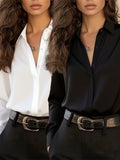 French Style Women'S Long Sleeve Button- Shirt | Solid Color, Lapel Collar, Single Breasted Plaquet, Professional Attire for All Seasons