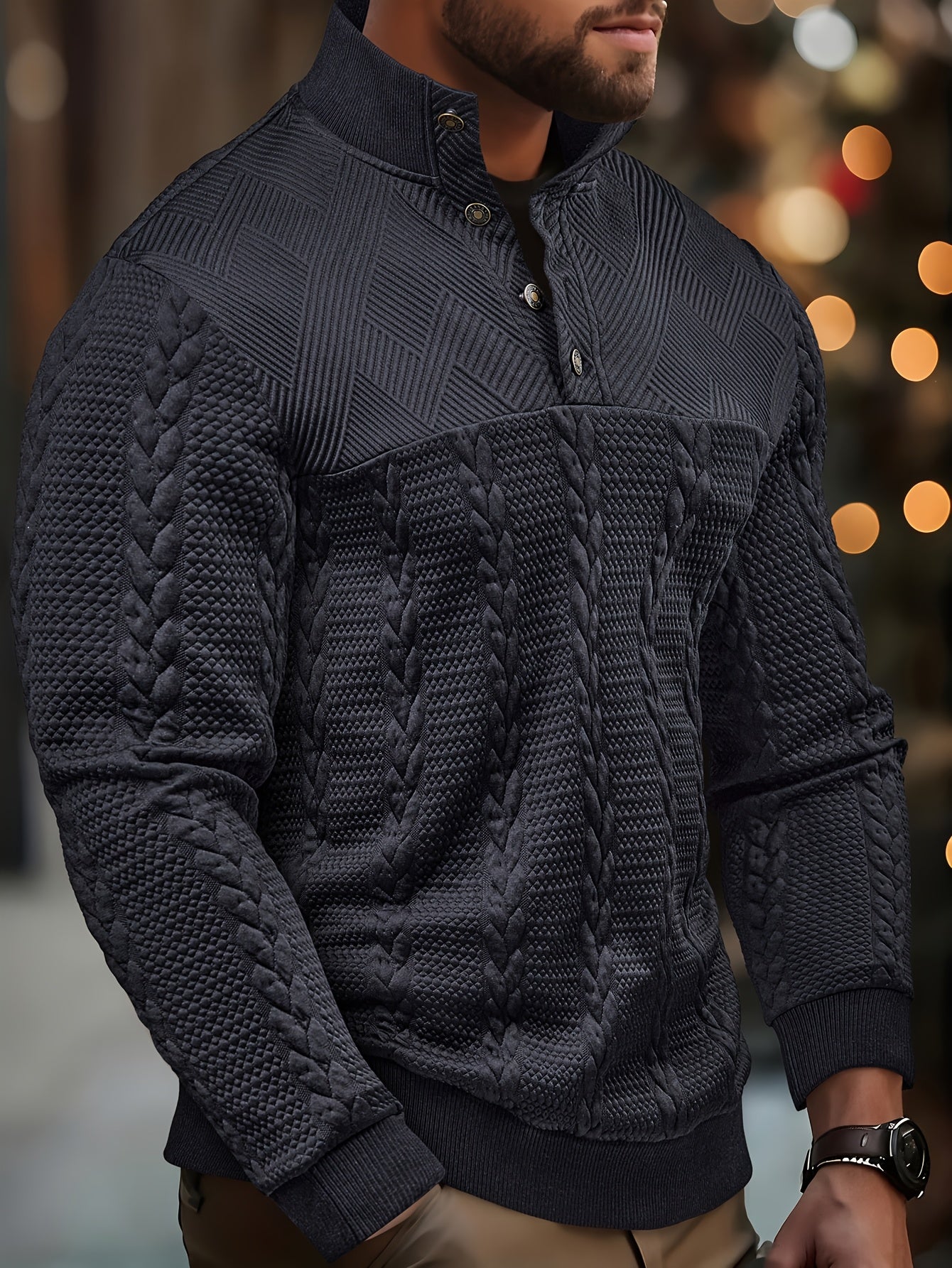 Christmas, men's gift, men's fashion jacquard jacket, comfortable and soft spring and autumn long-sleeved new outdoor shirt, elastic hem threaded splicing outdoor sports Henry shirt, suitable for daily work and vacation outdoor wear