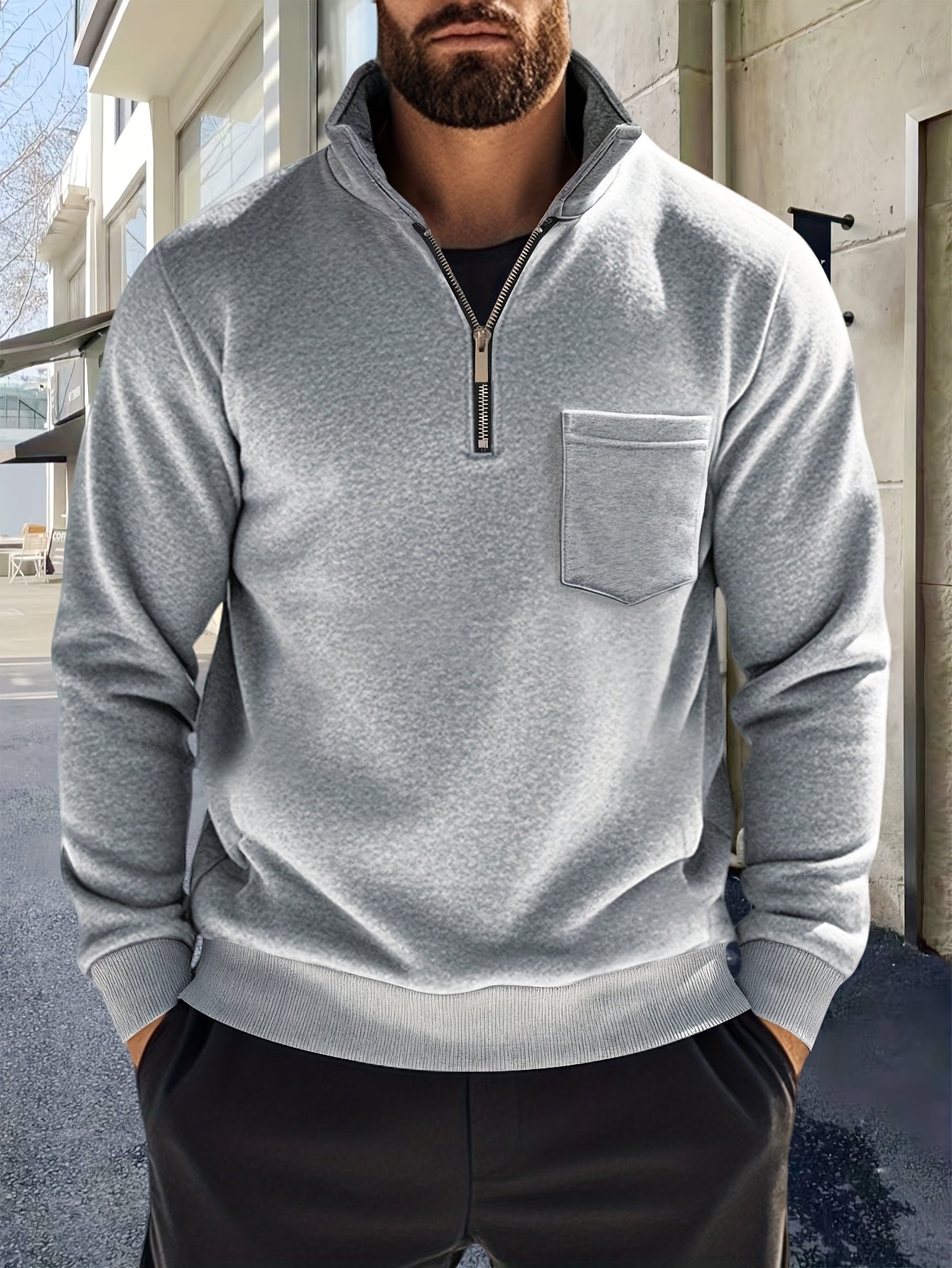 Men'S Thickened Long-Sleeve Shirt - Half-Zip, Versatile Long-Sleeve Polo Shirt, Casual And Adaptable, Featuring a Chest Pocket, Suitable for Autumn/Winter.