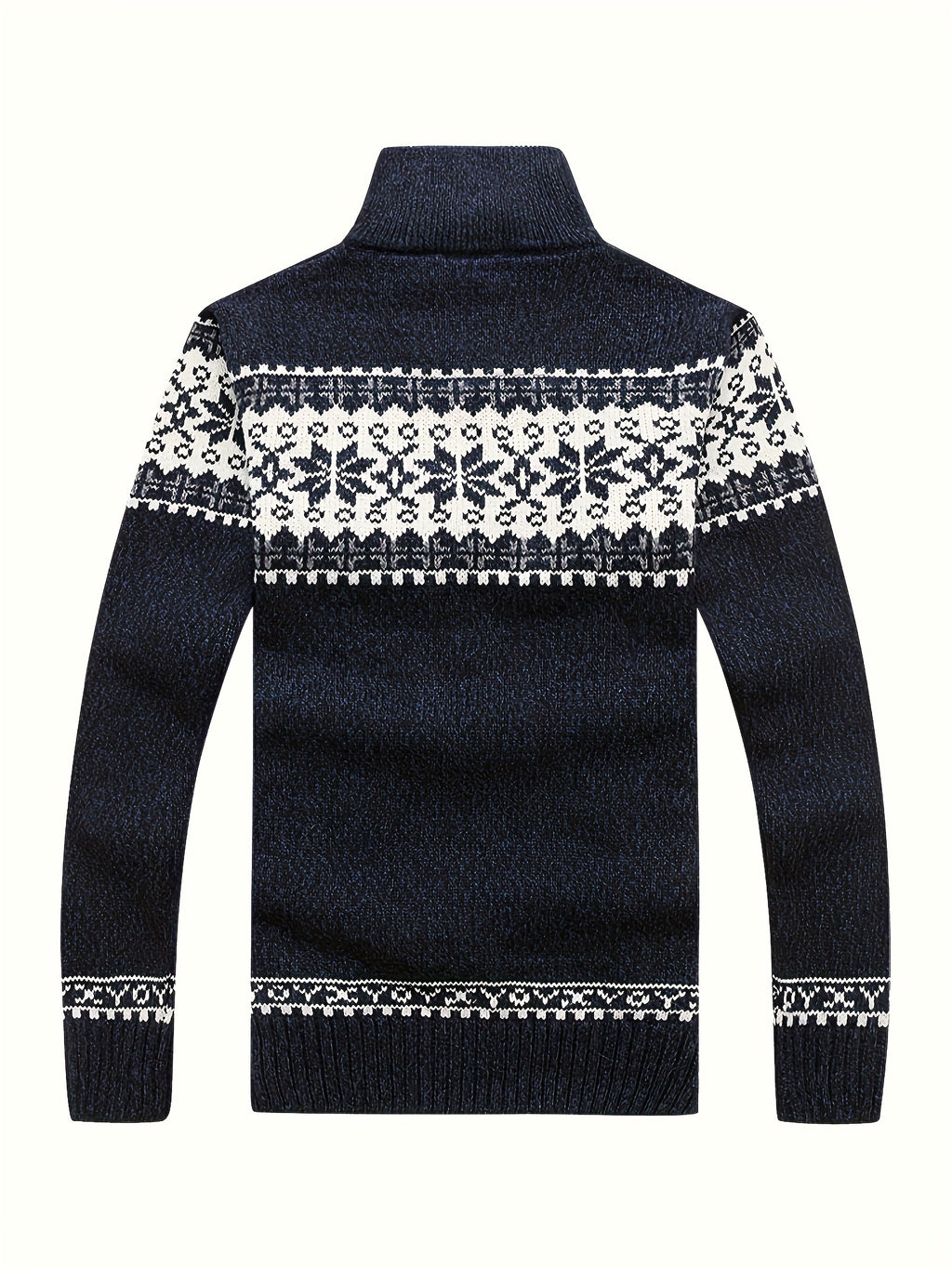 Men'S Casual Winter Knit Cardigan - Black with Intricate White Snowflake Pattern, Stand Collar, Long Sleeve, Zipper Closure, Perfect for Fall & Winter, Everyday Comfort|Stylish Winter Wear|Zippered Cardigan, Thick