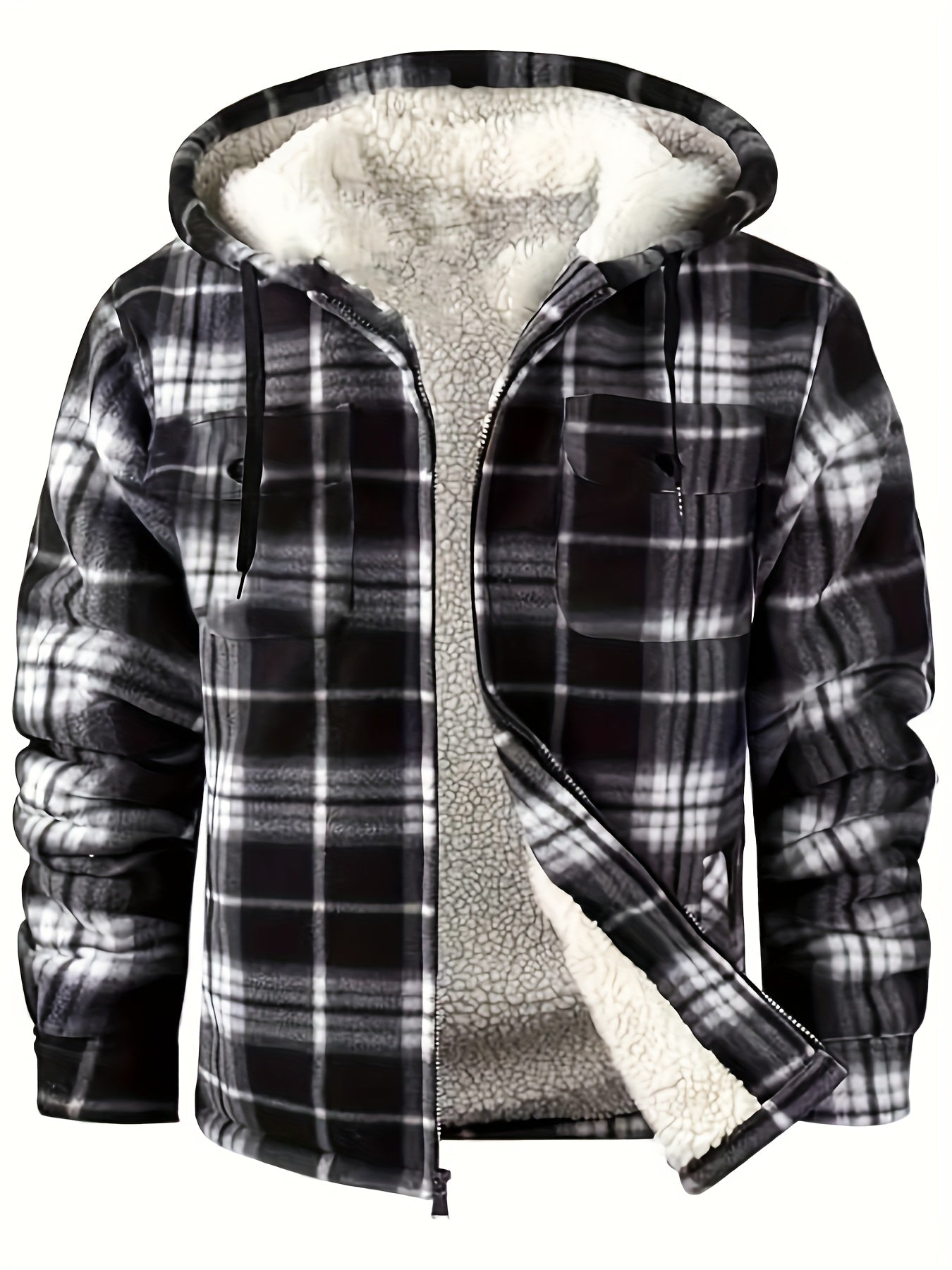 Men's Full-Zip Hooded Winter Sports Plaid Shirt with Fleece Sherpa Lining Warm Hooded Jacket