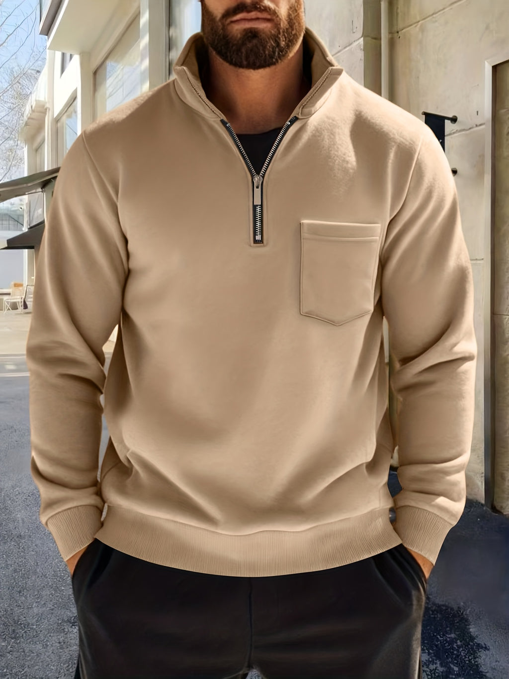 Men'S Thickened Long-Sleeve Shirt - Half-Zip, Versatile Long-Sleeve Polo Shirt, Casual And Adaptable, Featuring a Chest Pocket, Suitable for Autumn/Winter.