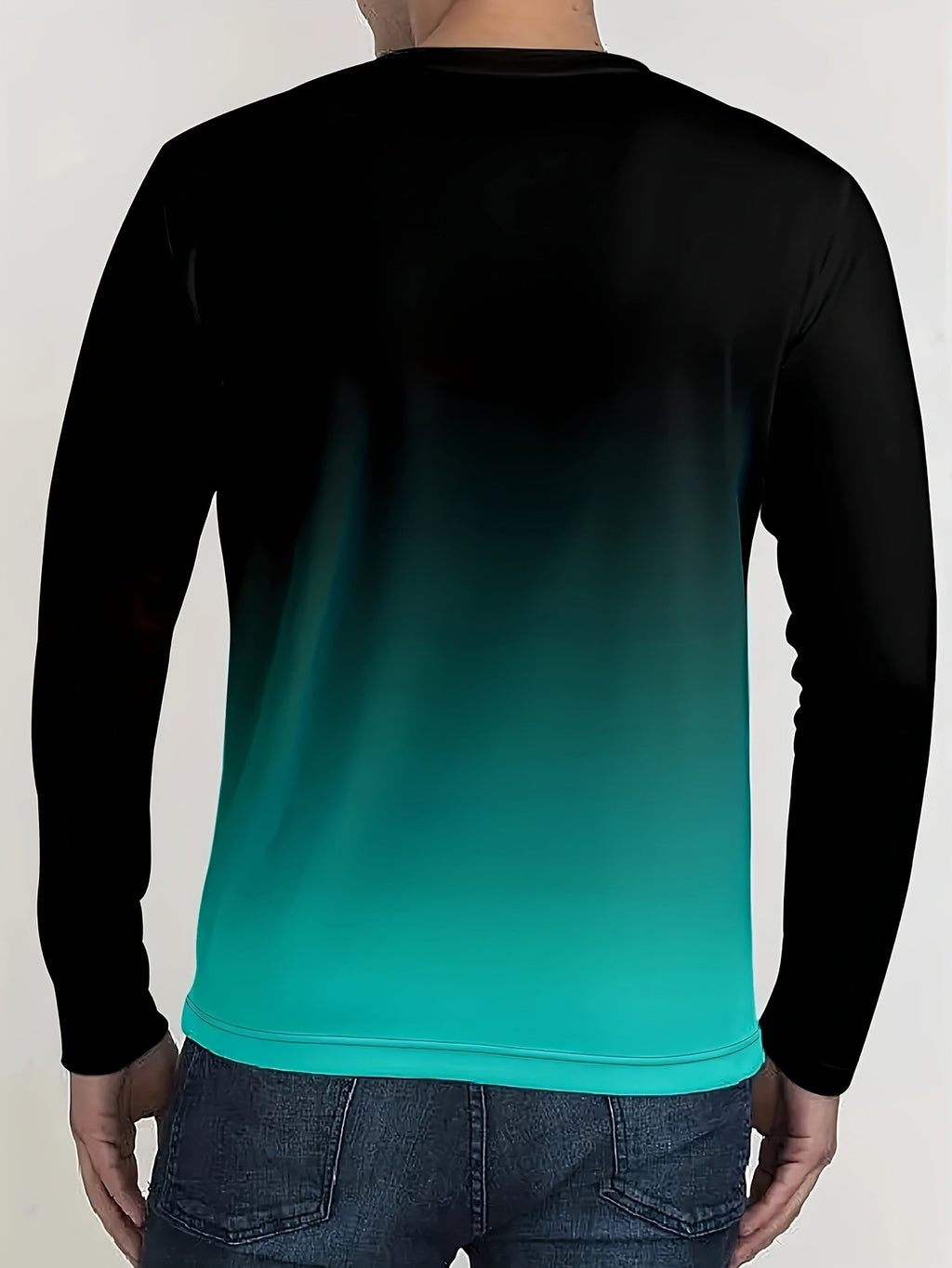 [Gradient Long Sleeve] Men'S Long Sleeve T-Shirt - Soft Stretch Fabric, Black to Turquoise/Orange/Gray Gradient, Formal & Halloween Costume Tee - Machine Washable Everyday Shirt for Year-Round Wear, Versatile Clothing, Stylish Top, Comfortable Fit, Pullov