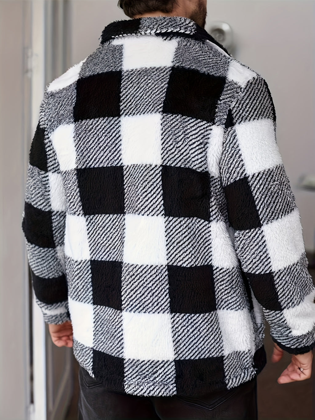 Men's Winter Casual Outerwear - Black & White Plaid Fleece Jacket - Soft Plush Coat with Button Front Closure - Loose Fit Long Sleeve for Cold Weather
