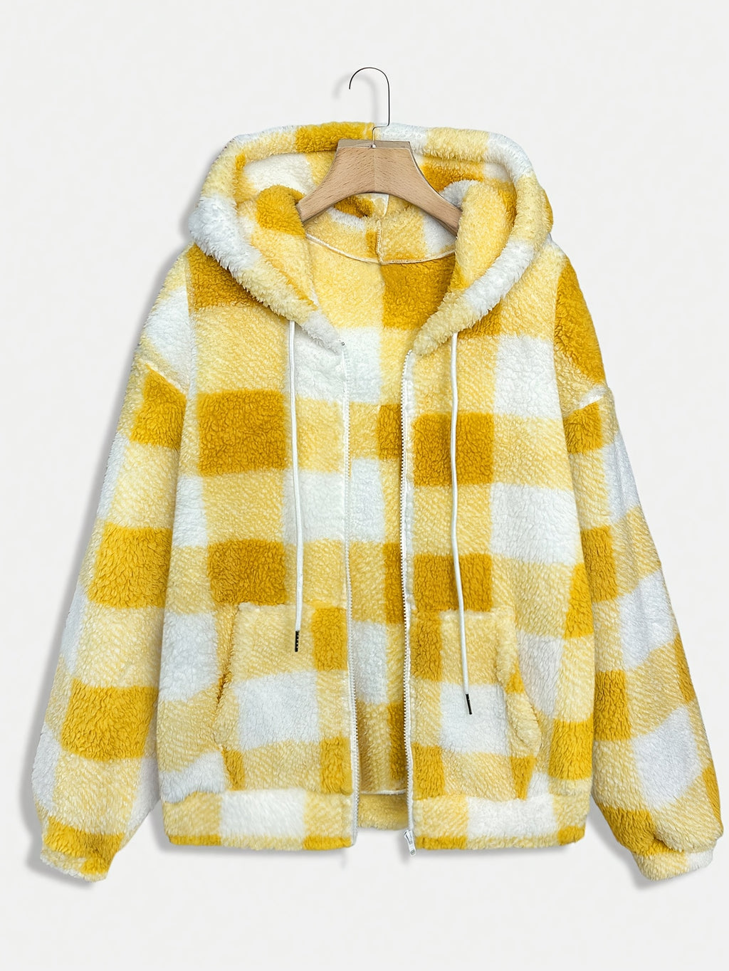 Women'S Plaid Fleece Coat - Mustard-Yellow & Checkered Winter Warmth, Soft Plush Jacket with Full-Zip Front Closure, Cozy Casual Outerwear for Fall & Winter, Winter Clothing, Fall Fashion, Stylish Outerwear, Fashion Lovers
