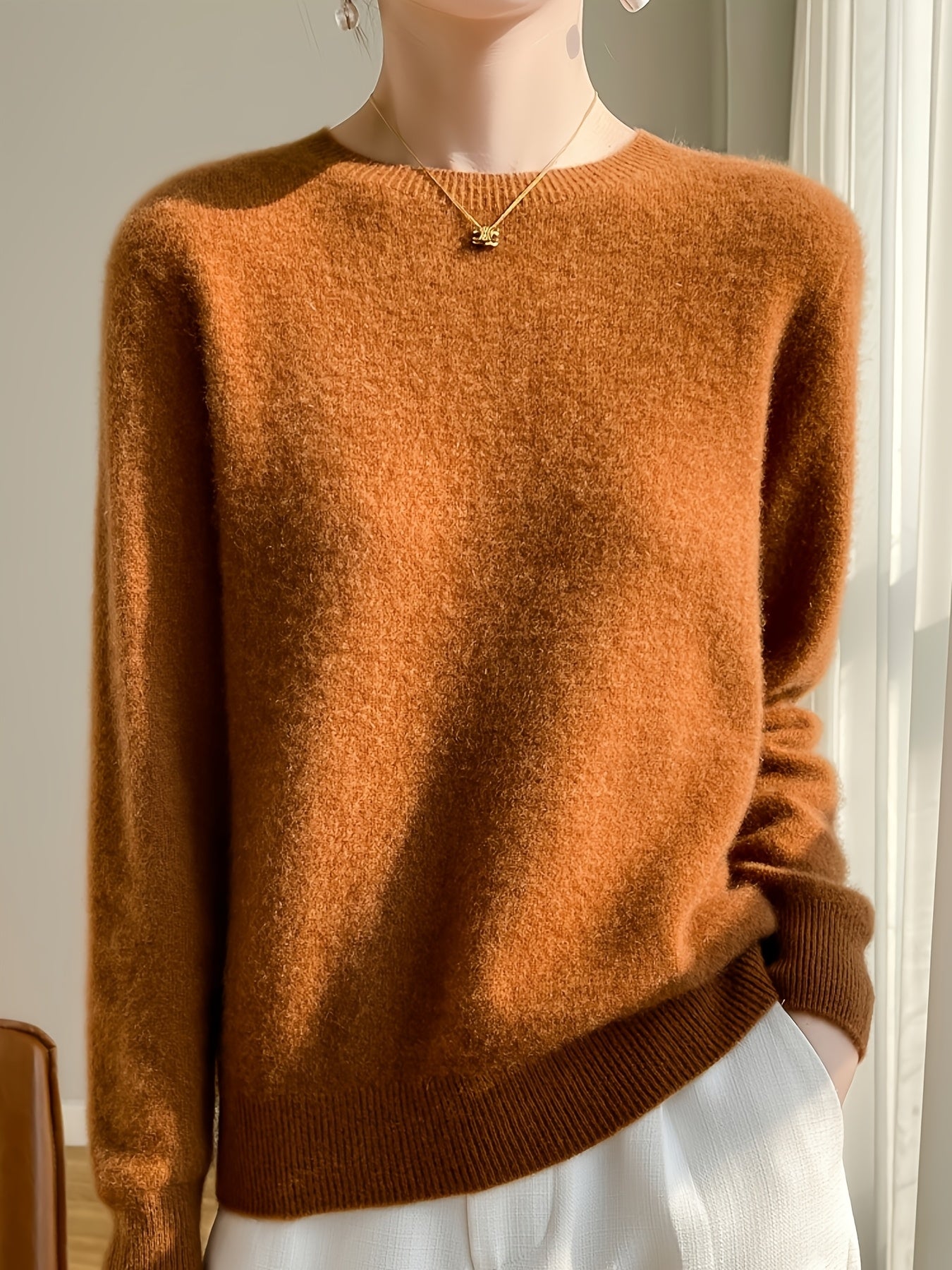 Autumn and winter crew neck pullover knitted sweater long-sleeved warm sweater fashionable solid color matching white camel beige women's top