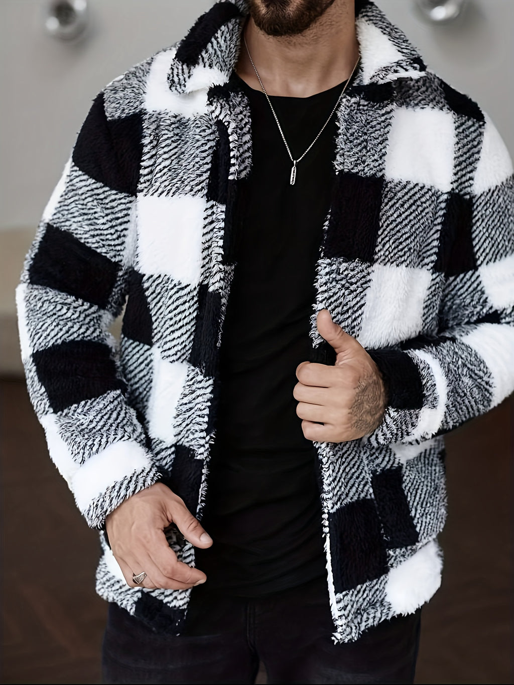 Men's Winter Casual Outerwear - Black & White Plaid Fleece Jacket - Soft Plush Coat with Button Front Closure - Loose Fit Long Sleeve for Cold Weather
