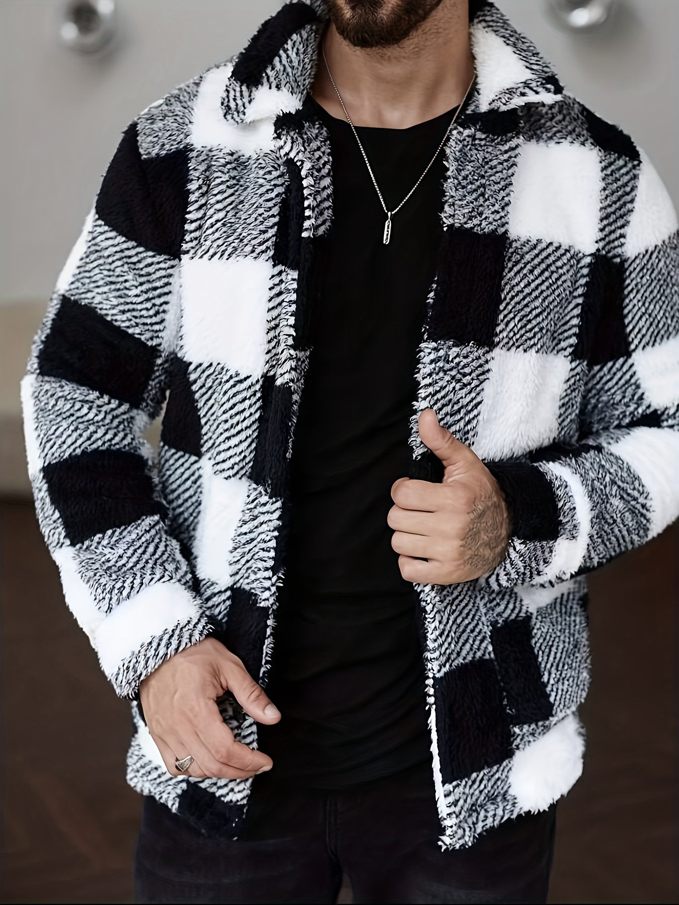 Men's Winter Casual Outerwear - Black & White Plaid Fleece Jacket - Soft Plush Coat with Button Front Closure - Loose Fit Long Sleeve for Cold Weather