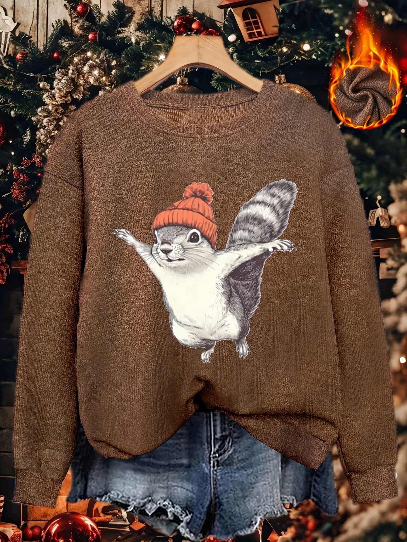 2025 Winter New Women's Warm Fabric Sweatshirt with Cute Cartoon Squirrel Print, Loose Fit Round Neck Fashion Casual Base Layer Versatile Pullover Shirt, Elegant Commuter Style for Autumn and Winter, Christmas Clothing, Christmas Gift, Gift for Mom
