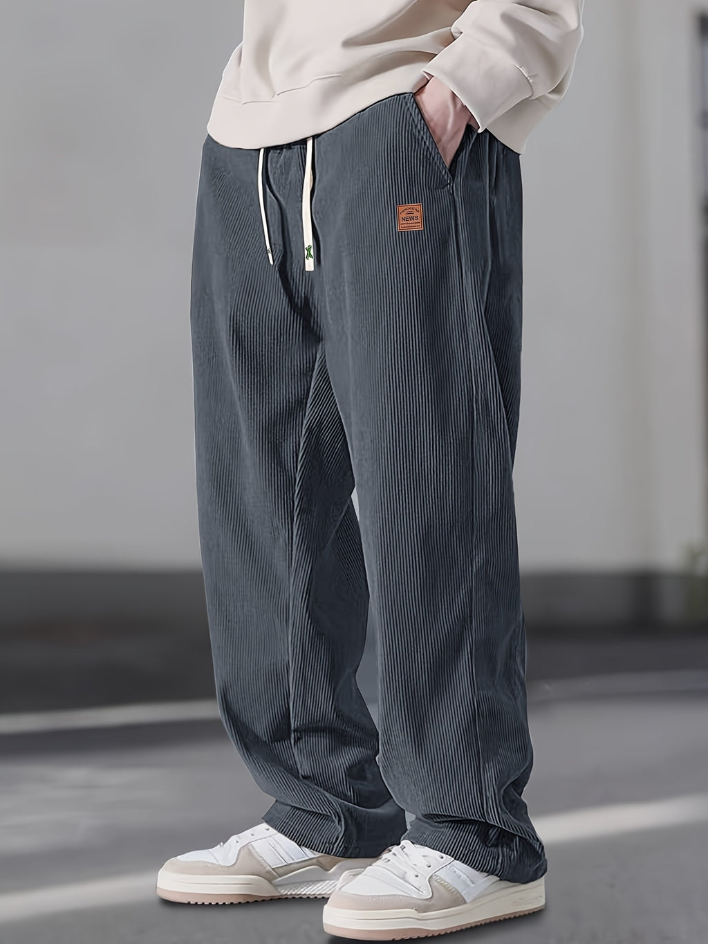 Men's Loose Straight Mid-Waist Elastic Drawstring Side Pocket Corduroy Casual Pants - Beige, Olive Green, Black, Dark Grey