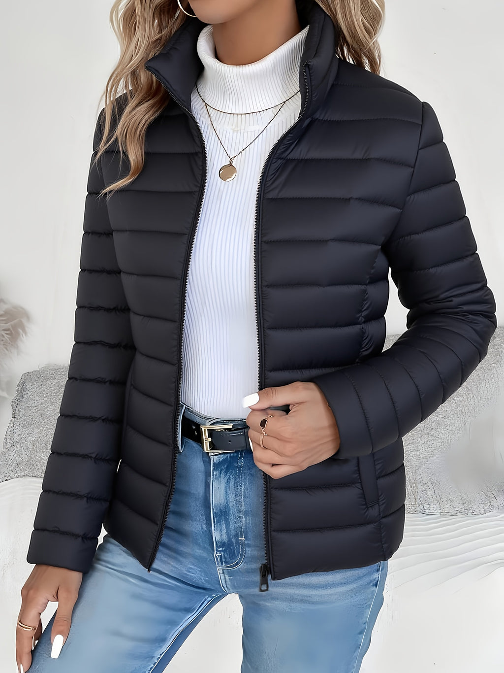 Women's Autumn and Winter Slim-fit Lightweight Warm Solid Color Jacket - Elegant Fashion Versatile Beautiful Outerwear - Stand-Up Neck Zipper Long Sleeve - Casual Fleece Polyester Short Winter Clothing - Halloween Christmas Gift
