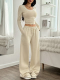 Spring And Autumn Style Two-Piece Women'S Casual Solid Color Pleated Round Neck Short T-Shirt And Wide-Leg Drawstring Waist Pants Set.