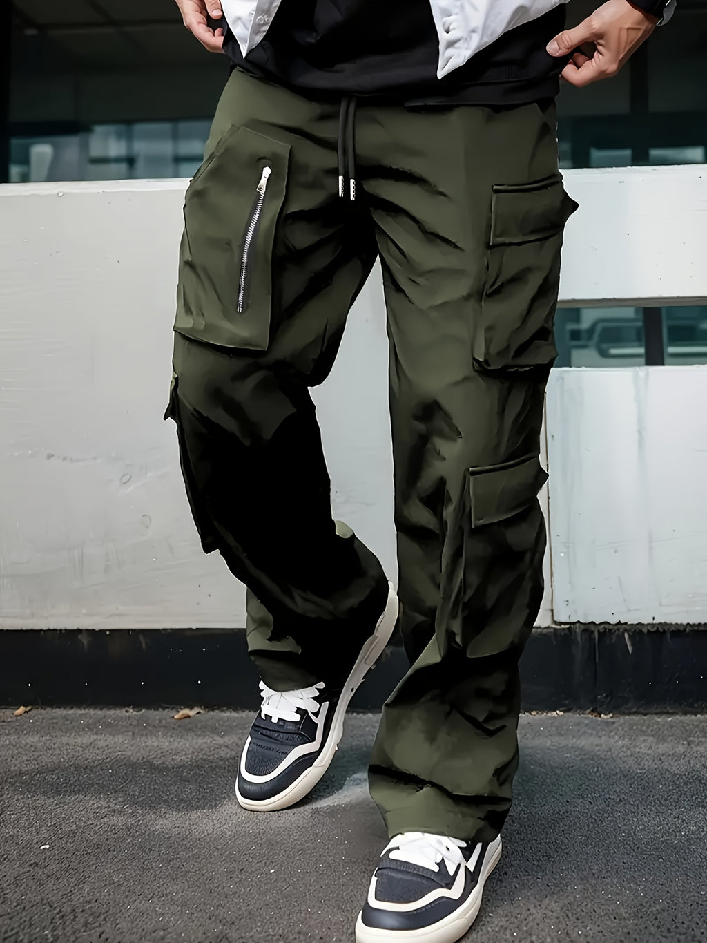 Men'S Fashion Cargo Pants, Polyester 100%, Solid Color, Loose Fit, Straight Leg, Drawstring, Multi-Pocket, Casual Slim Fit, Woven Fabric, 138g/m² - Sports Style
