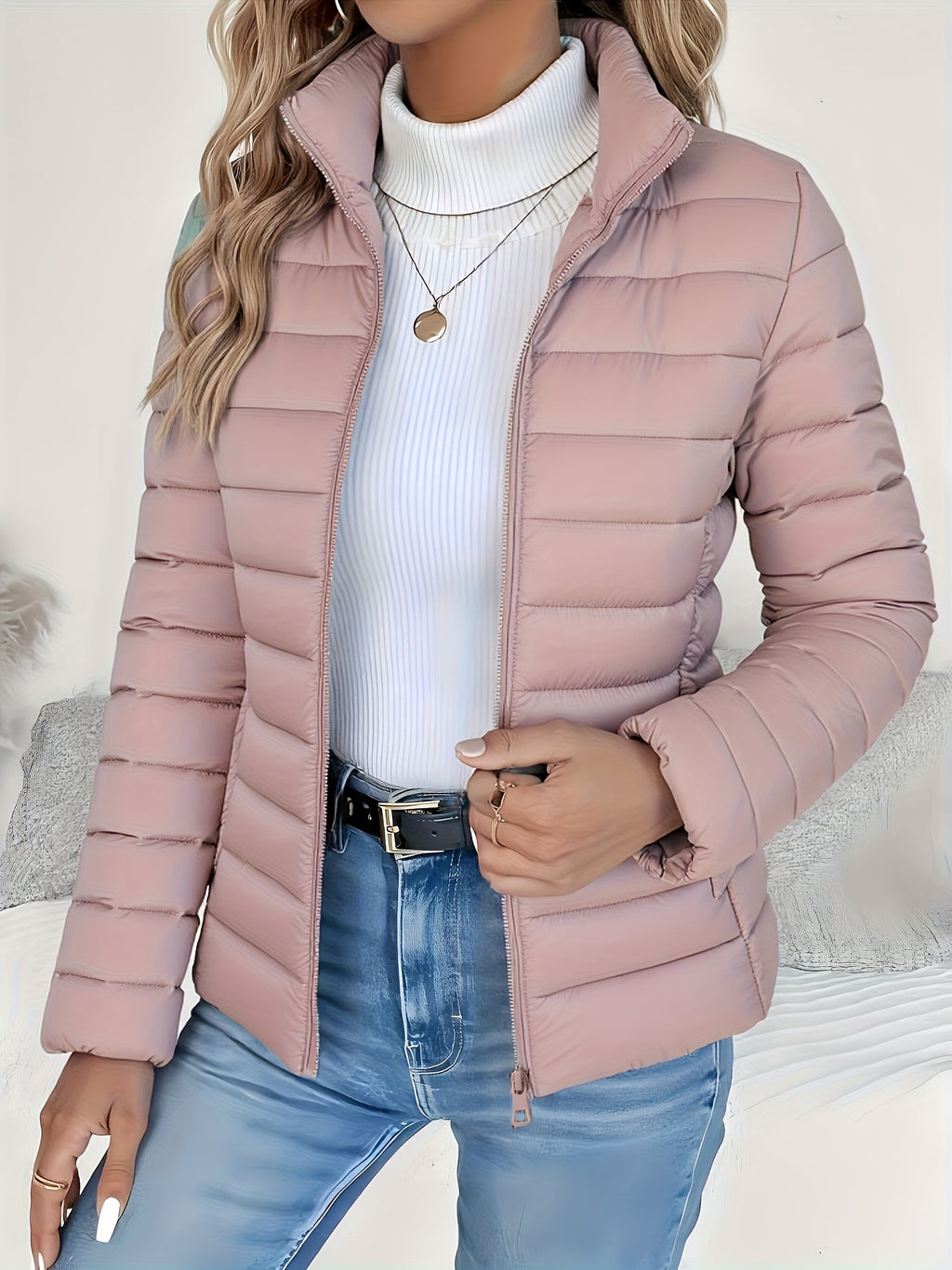 Women's Autumn and Winter Slim-fit Lightweight Warm Solid Color Jacket - Elegant Fashion Versatile Beautiful Outerwear - Stand-Up Neck Zipper Long Sleeve - Casual Fleece Polyester Short Winter Clothing - Halloween Christmas Gift