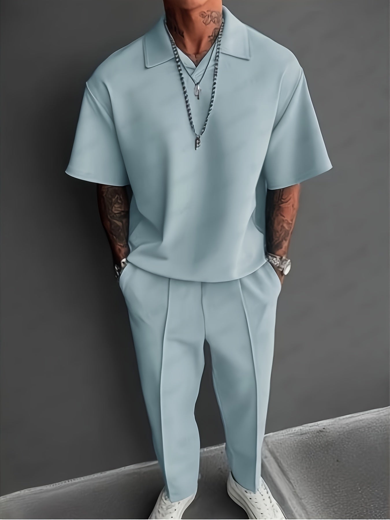 Light Gray - Men's Casual Solid Color Short Sleeve Long Pants Set - Button-Up Shirt with Chest Pocket, Loose Fit, Summer Style, Casual Attire|Casual Style|Slight Stretch Fabric