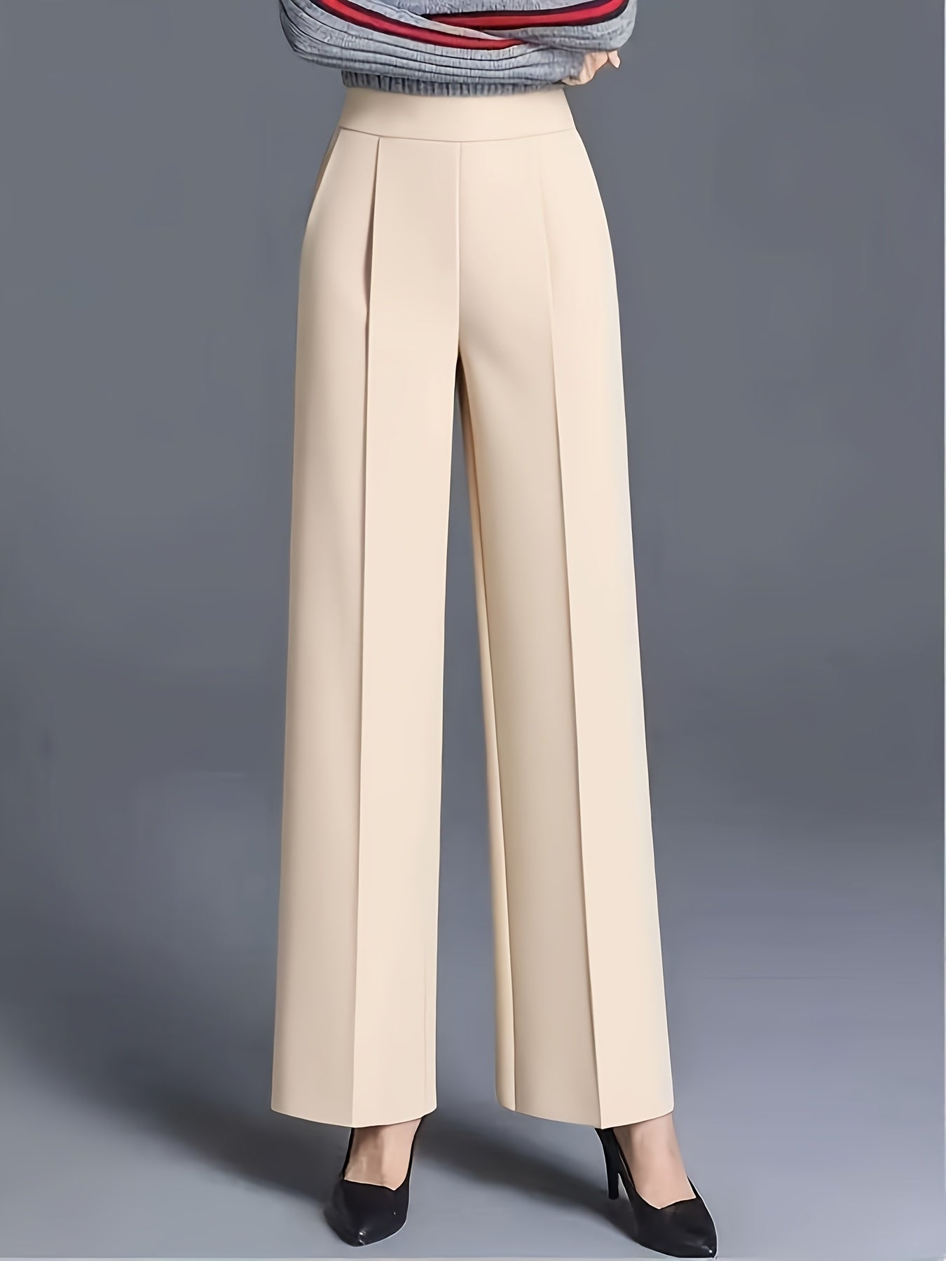 Plus Size - Plus-Size Women'S Elegant High-Waisted Wide-Leg Pants in Solid Pink/Navy Blue, Featuring a Tailored Straight Cut, Diagonal Pockets, Suitable for All Seasons, Office Casual Wear, Machine Washable, Designed Specifically for Curvy Figures.