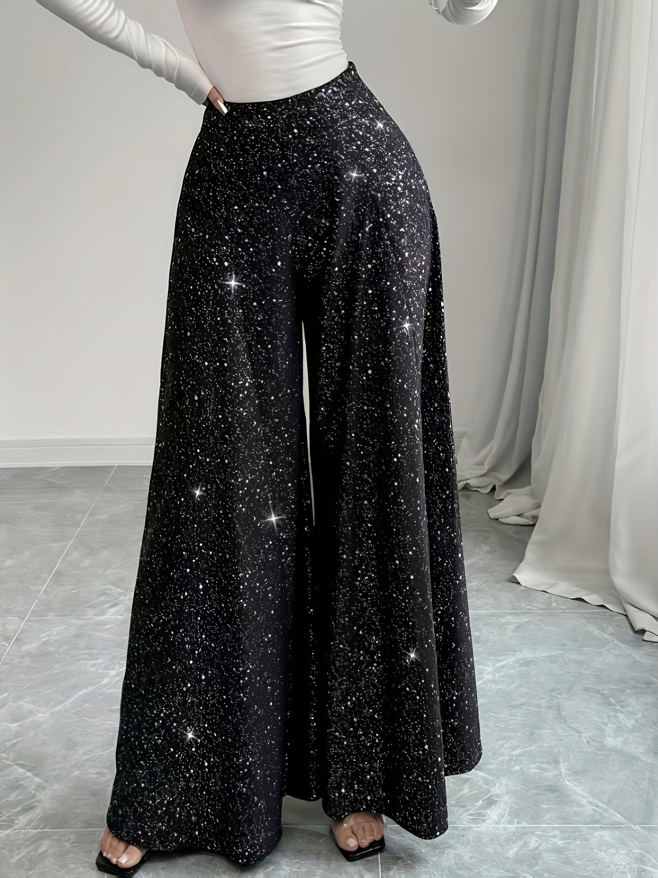 Elegant Flare Leg High-Waist Pants | Galaxy Pattern, Scallop Details, Elastic Waist, Suitable for Parties, Weddings, All-Season