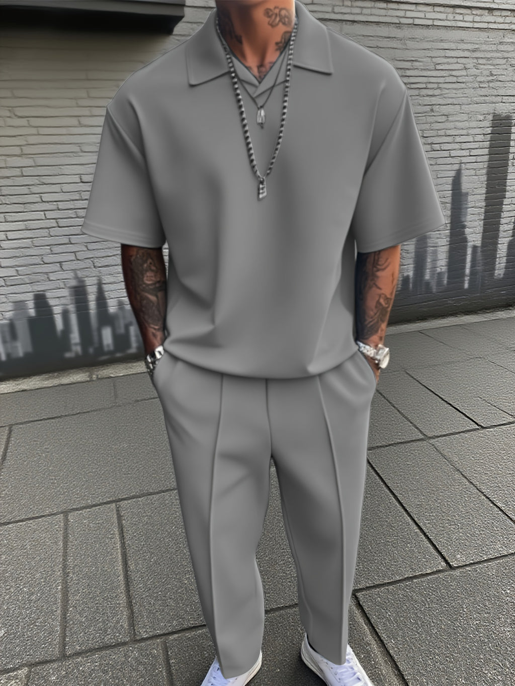 Light Gray - Men's Casual Solid Color Short Sleeve Long Pants Set - Button-Up Shirt with Chest Pocket, Loose Fit, Summer Style, Casual Attire|Casual Style|Slight Stretch Fabric