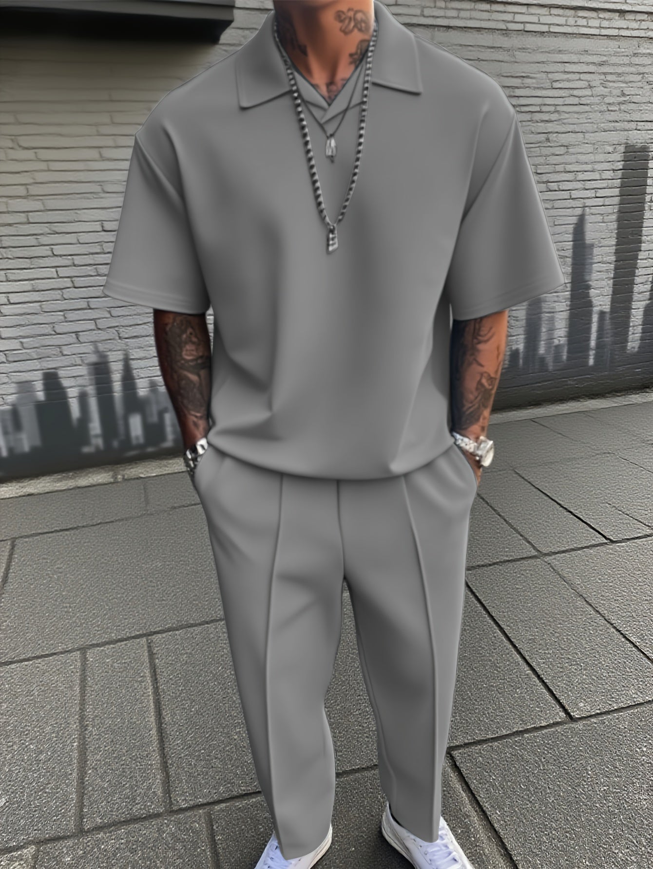 Light Gray - Men's Casual Solid Color Short Sleeve Long Pants Set - Button-Up Shirt with Chest Pocket, Loose Fit, Summer Style, Casual Attire|Casual Style|Slight Stretch Fabric