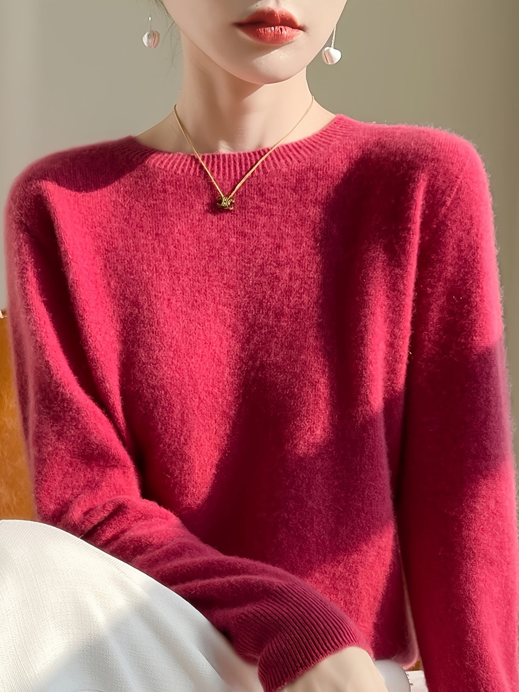 Autumn and winter crew neck pullover knitted sweater long-sleeved warm sweater fashionable solid color matching white camel beige women's top