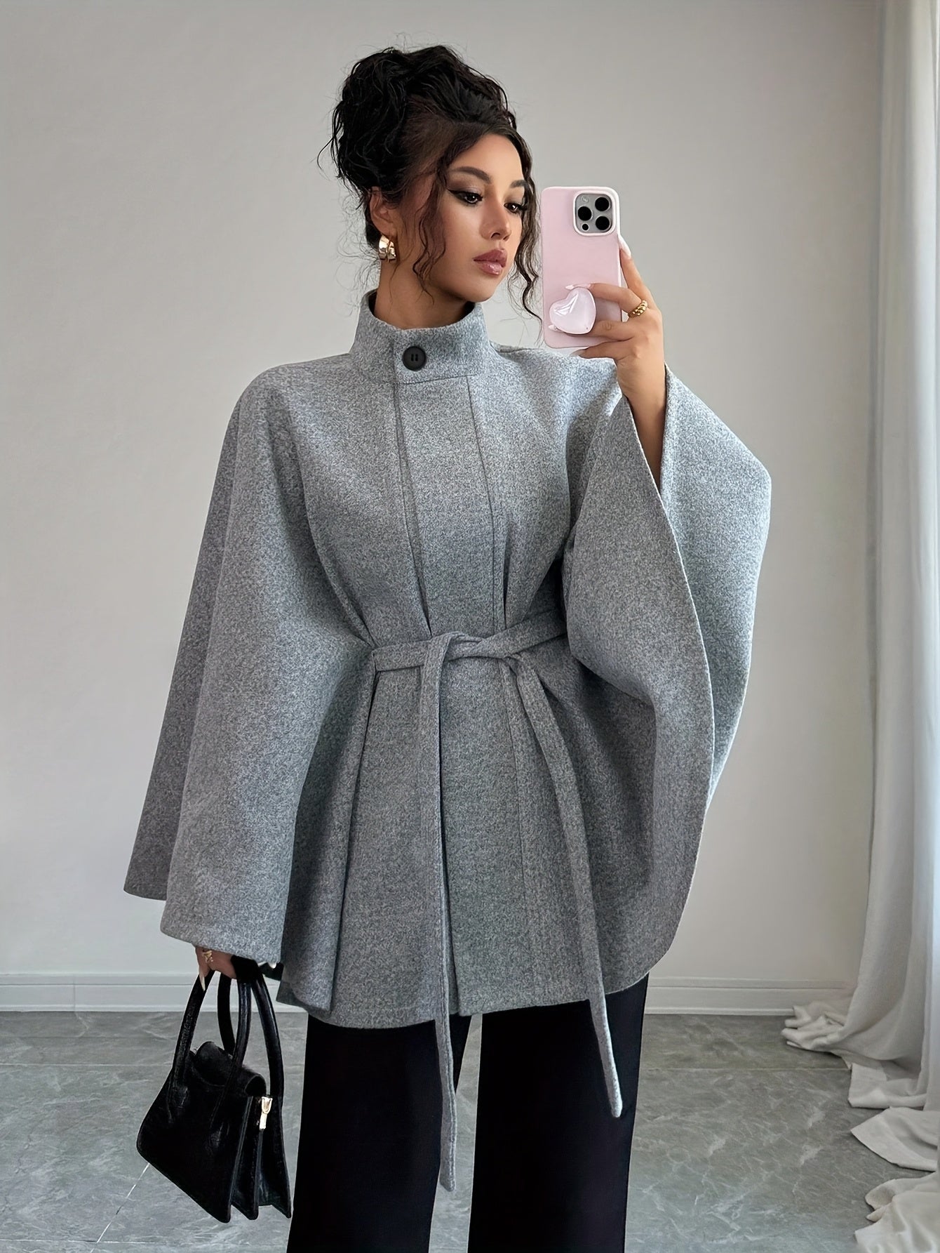 Women's Autumn Winter Elegant Plaid Solid Color Stand Collar Tie-Waist Shawl Cape Coat