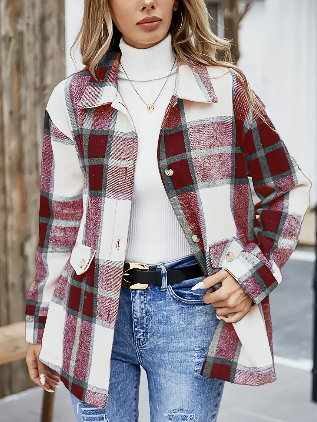 Casual & Smart-Casual Outfits - Women's Blue Plaid Shirt Jacket - Classic Collar with White Piping - Button Front & Structured Lapel Blazer for Spring/Fall (Blue/White/Black/Brown Checkered Pattern) - Machine Washable